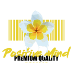 Logotipo da marca "Positive Mind", apresentando uma flor estilizada em tons de amarelo e branco, acompanhada de um código de barras e a frase "Premium Quality" em destaque, representando moda streetwear.