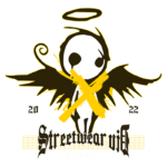 Logotipo da marca de streetwear "Black Angel" com um design estilizado de anjo, apresentando uma figura central com asas e um halo, destacando-se em amarelo e preto. O ano "2022" está incluído no design, simbolizando a coleção atual.