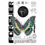 Design gráfico com uma borboleta colorida no centro, rodeada por elementos como uma figura humana estilizada, símbolos e texto em português e japonês, representando temas de geração e eternidade. Ideal para projetos de arte contemporânea e moda.