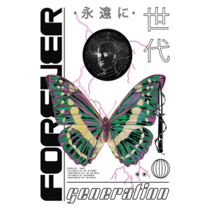 Design gráfico com uma borboleta colorida no centro, rodeada por elementos como uma figura humana estilizada, símbolos e texto em português e japonês, representando temas de geração e eternidade. Ideal para projetos de arte contemporânea e moda.