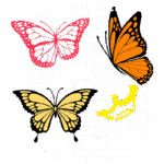 Imagem com várias borboletas coloridas, incluindo uma borboleta laranja e preta, uma amarela e uma rosa, sobre um fundo com o texto "Butterfly Effect" repetido. O design é moderno e vibrante, ideal para moda streetwear.