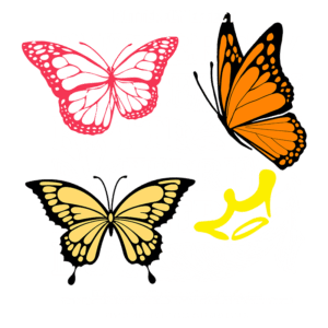 Imagem com várias borboletas coloridas, incluindo uma borboleta laranja e preta, uma amarela e uma rosa, sobre um fundo com o texto "Butterfly Effect" repetido. O design é moderno e vibrante, ideal para moda streetwear.