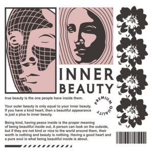 Imagem com o tema "Beleza Interior", apresentando rostos estilizados e uma mensagem sobre a importância da beleza interna em relação à beleza externa. O design inclui elementos gráficos e flores, enfatizando que a verdadeira beleza é a que se encontra dentro das pessoas.