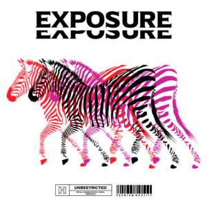 Imagem estilizada de zebras em movimento, com padrões em preto, rosa e vermelho, acompanhada do texto "EXPOSURE" em destaque. Design moderno e vibrante, ideal para projetos criativos e artísticos.