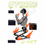 Imagem estilizada com um esqueleto em posição de oração, cercado por chamas e textos que refletem temas de energia infinita, interconexão e a relação entre o universo e a existência. O título "UTOPIA" e elementos gráficos de estilo digital destacam a mensagem filosófica da imagem.