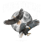 Imagem de duas águias em voo, com uma lua cheia ao fundo e elementos gráficos de relâmpagos. O texto "FREEDOM" destaca-se na parte superior, simbolizando liberdade e força. Na parte inferior, a frase "STRENGTH IN TO THE MOON" complementa a imagem. Ideal para temas relacionados à natureza e empoderamento.