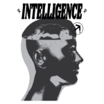 Ilustração de um perfil humano com a cabeça aberta, mostrando um cérebro, acompanhada da palavra "INTELLIGENCE". A imagem simboliza a inteligência e a capacidade mental.