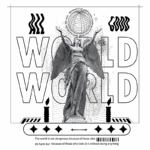 Estátua de um anjo em preto e branco com as mãos levantadas, sobre um fundo gráfico que inclui o texto "WORLD" e elementos decorativos como velas e um globo. A imagem aborda a temática da passividade diante das injustiças do mundo.