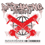 Design gráfico com o texto "Dreaming Butterfly", apresentando borboletas coloridas e elementos de arte urbana. O fundo inclui manchas de tinta e um símbolo circular, destacando a mensagem sobre mudanças de pensamento e energia. Ideal para temas de transformação e criatividade.