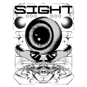 Imagem artística com um olho centralizado, cercado por elementos gráficos e simbólicos, incluindo mãos e padrões tecnológicos. O texto "SIGHT" destaca-se na parte superior, enquanto detalhes adicionais criam um efeito visual intrigante. Ideal para representar temas de percepção e tecnologia.