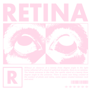 Imagem com a palavra "RETINA" em destaque, mostrando uma ilustração de olhos humanos. O design é colorido, com fundo verde e texto rosa. A arte explora a relação entre percepção e a realidade, destacando a importância da observação na interpretação do universo. Ideal para discussões sobre arte contemporânea e filosofia visual.