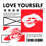 Imagem com fundo verde e elementos gráficos em vermelho e preto, incluindo a frase "LOVE YOURSELF". Apresenta ilustrações de um olho, um beijo e símbolos que representam a inclusão e o amor, destacando que pessoas com deficiência podem perceber e expressar amor de diversas maneiras.
