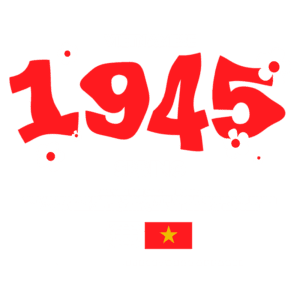 Design gráfico com a inscrição "Vietnamese 1945 Spring", destacando flores e a frase sobre direitos inalienáveis. Inclui ícones de um globo e a bandeira do Vietnã, representando moda streetwear.