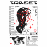 Imagem estilizada de um alvo com um perfil humano, cercado por elementos gráficos como estrelas vermelhas e símbolos de controle. Inclui ícones de reciclagem e advertências, além de um mapa-múndi na parte inferior. Design moderno e impactante, com cores predominantes em verde e vermelho.