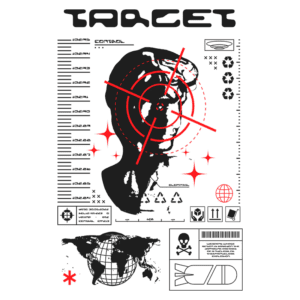 Imagem estilizada de um alvo com um perfil humano, cercado por elementos gráficos como estrelas vermelhas e símbolos de controle. Inclui ícones de reciclagem e advertências, além de um mapa-múndi na parte inferior. Design moderno e impactante, com cores predominantes em verde e vermelho.