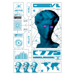 Imagem digital de uma escultura clássica em azul, com olhos brilhantes em rosa. O fundo apresenta gráficos e elementos de design futurista, incluindo mapas e dados analíticos. O texto "C775 WORLDWIDE" é destacado, sugerindo um tema de tecnologia e cultura contemporânea. Ideal para temas relacionados à arte digital e inovação.