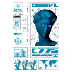 Imagem digital de uma escultura clássica em azul, com olhos brilhantes em rosa. O fundo apresenta gráficos e elementos de design futurista, incluindo mapas e dados analíticos. O texto "C775 WORLDWIDE" é destacado, sugerindo um tema de tecnologia e cultura contemporânea. Ideal para temas relacionados à arte digital e inovação.