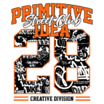 Design gráfico do "Primitive Street Club" com a ideia número 28, apresentando elementos de arte urbana e grafite em preto e branco, com destaque para a tipografia estilizada e a frase "Creative Division".