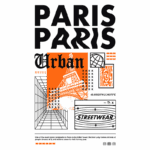 Design gráfico com a palavra "Paris" em destaque, elementos urbanos e a Torre Eiffel, representando a cultura streetwear e a iconicidade da cidade.