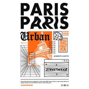 Design gráfico com a palavra "Paris" em destaque, elementos urbanos e a Torre Eiffel, representando a cultura streetwear e a iconicidade da cidade.