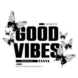 Design gráfico de camiseta de streetwear com a frase "Good Vibes" em destaque, adornada por borboletas, destacando edição limitada e autenticidade.