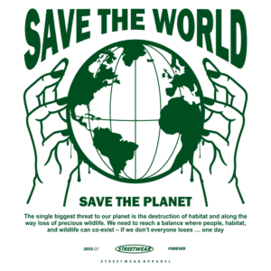 Imagem com o texto "Save the World" e "Save the Planet", ilustrando um globo terrestre segurado por mãos. A arte destaca a importância da preservação do meio ambiente e da coexistência entre humanos e a vida selvagem, enfatizando a urgência da proteção do planeta.