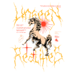 Imagem com um cavalo alado em um fundo vibrante, apresentando o texto "Unseen Realities" em estilo gráfico ousado. Elementos de design incluem uma estrela e raios, simbolizando a interseção entre imaginação e realidade. Ideal para temas de arte e criatividade.