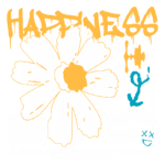 Design gráfico de streetwear com uma flor branca central, acompanhada de elementos gráficos e frases inspiradoras como "HAPPINESS", "GOOD VIBES" e "POSITIVE MIND", transmitindo uma mensagem de otimismo e autenticidade.