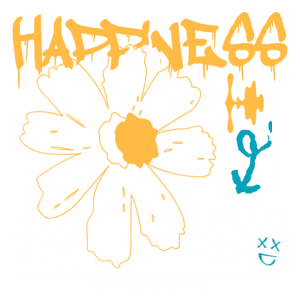 Design gráfico de streetwear com uma flor branca central, acompanhada de elementos gráficos e frases inspiradoras como "HAPPINESS", "GOOD VIBES" e "POSITIVE MIND", transmitindo uma mensagem de otimismo e autenticidade.