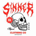 Design gráfico de camiseta da marca Sinner, apresentando um crânio estilizado com texto em vermelho e preto, destacando "SINNER", "UNTG DSGN", "Original", "Clothing Co" e "Limited Edition", datado de 1998.