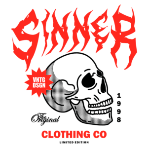Design gráfico de camiseta da marca Sinner, apresentando um crânio estilizado com texto em vermelho e preto, destacando "SINNER", "UNTG DSGN", "Original", "Clothing Co" e "Limited Edition", datado de 1998.