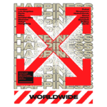 Design gráfico com a palavra "HAPPINESS" repetida em várias cidades ao redor do mundo, incluindo Londres, Los Angeles, Paris, e Tóquio, com destaque em vermelho e elementos de estilo urbano.