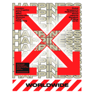 Design gráfico com a palavra "HAPPINESS" repetida em várias cidades ao redor do mundo, incluindo Londres, Los Angeles, Paris, e Tóquio, com destaque em vermelho e elementos de estilo urbano.