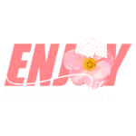 Logotipo da marca "Enjoy Flower Apparel", apresentando o nome em letras grandes e coloridas, com uma flor estilizada em tons de rosa e amarelo, simbolizando um estilo de vida alegre e conectado à natureza.