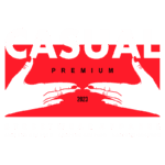 Imagem do logotipo da marca Casual Premium, destacando a coleção de streetwear de edição limitada para 2023, com design moderno em vermelho e branco.