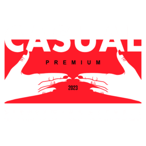 Imagem do logotipo da marca Casual Premium, destacando a coleção de streetwear de edição limitada para 2023, com design moderno em vermelho e branco.