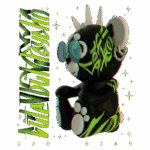 Imagem de um urso estilizado chamado "Sad Bear", com design em preto e verde, usando óculos grandes e apresentando detalhes gráficos modernos. O fundo é verde e há elementos brilhantes ao redor do personagem.
