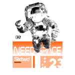 Imagem de um astronauta em uma estética moderna, com o texto "NEED SPACE" em destaque. O design inclui elementos gráficos e a marca "Sixtwo", representando uma camiseta estilizada com tema espacial.