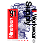 Logo da marca Nineteen '91, destacando "Supply Workwear" com uma ilustração estilizada de uma escultura clássica, simbolizando tradição e qualidade. Fundo colorido com elementos gráficos modernos, representando a fusão entre arte e vestuário de trabalho.