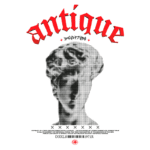 Imagem de uma escultura estilizada em preto e branco, com detalhes em vermelho, acompanhada pela palavra "antique". O design combina elementos clássicos com uma estética moderna, destacando a beleza da arte antiga.