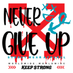 Design gráfico de camiseta de streetwear com a frase "NEVER GIVE UP" em destaque, acompanhada de elementos visuais coloridos e estilizados, promovendo uma mensagem de força e perseverança. Ideal para entusiastas da moda urbana.