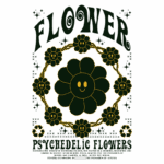 Ilustração de flores psicodélicas com um design estilizado, incluindo uma flor sorridente central e elementos decorativos ao redor, acompanhada de texto explicativo sobre o sistema reprodutivo das plantas floridas.