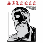 Imagem de uma camiseta de streetwear com design artístico, apresentando uma escultura clássica e texto estilizado em vermelho que diz "SILENCE" e "BECAUSE WE'RE DOOMED". A peça é de alta qualidade e tem um estilo premium.