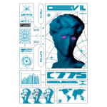 Imagem digital estilizada de uma escultura com efeito neon, apresentando uma cabeça masculina com olhos brilhantes. O fundo inclui gráficos, elementos tecnológicos e texto em azul, refletindo uma estética futurista. Ideal para temas de arte digital e cultura contemporânea.