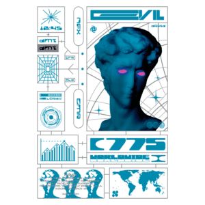 Imagem digital estilizada de uma escultura com efeito neon, apresentando uma cabeça masculina com olhos brilhantes. O fundo inclui gráficos, elementos tecnológicos e texto em azul, refletindo uma estética futurista. Ideal para temas de arte digital e cultura contemporânea.