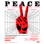 Imagem com a palavra "PEACE" em destaque, acompanhada de uma mão fazendo o símbolo da paz. O design apresenta um fundo tridimensional em linhas, enfatizando a mensagem de paz interior e vida positiva, com elementos de streetwear e qualidade premium.