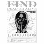 Imagem de um cartaz estilizado com a frase "FIND DEAD OR ALIVE" em destaque, apresentando um rosto humano em preto e branco. O design inclui elementos gráficos como linhas e símbolos, e menciona um prêmio de 1.000.000$ por informações. O texto "TRUTH IS ALWAYS THE SAME" também está visível. Ideal para temas de arte, design gráfico ou cultura pop.