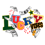 Imagem colorida com a palavra "LUCKY" destacada em letras grandes, acompanhada de símbolos de sorte como dados vermelhos, notas de dinheiro e uma estrela. O texto "VIBES" também está presente, criando uma atmosfera de sorte e diversão.