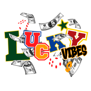 Imagem colorida com a palavra "LUCKY" destacada em letras grandes, acompanhada de símbolos de sorte como dados vermelhos, notas de dinheiro e uma estrela. O texto "VIBES" também está presente, criando uma atmosfera de sorte e diversão.
