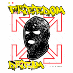 Design de camiseta streetwear de edição limitada com as palavras "FREEDOM" e "DREAM", apresentando uma máscara estilizada em preto e um fundo gráfico colorido. Ideal para fãs de moda urbana e expressões artísticas.